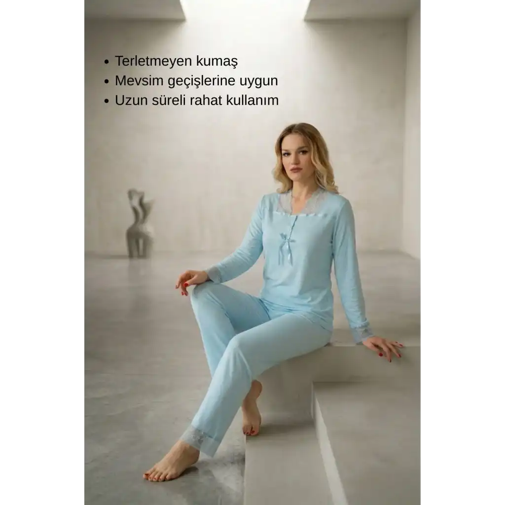 #Pijama Turkuaz Saten Kadın Pijama Takımı Rahat Ev Giyim Günlük ve Çeyizlik Nefes Alabilen Yumuşak