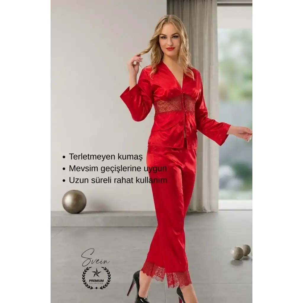 #Pijama Kırmızı Saten Kadın Pijama Takımı Rahat Ev Giyim Günlük ve Çeyizlik Nefes Alabilen Yumuşak