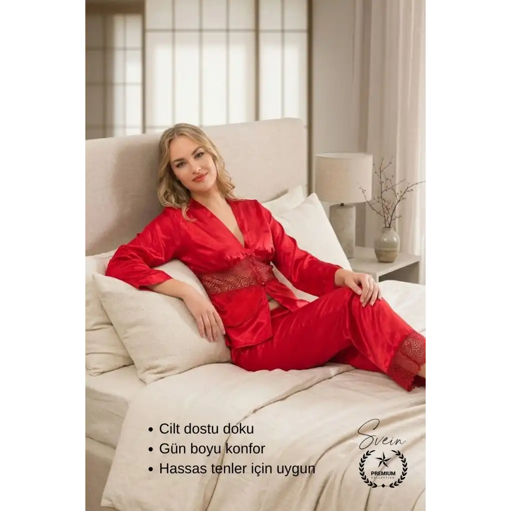 #Pijama Kırmızı Saten Kadın Pijama Takımı Rahat Ev Giyim Günlük ve Çeyizlik Nefes Alabilen Yumuşak