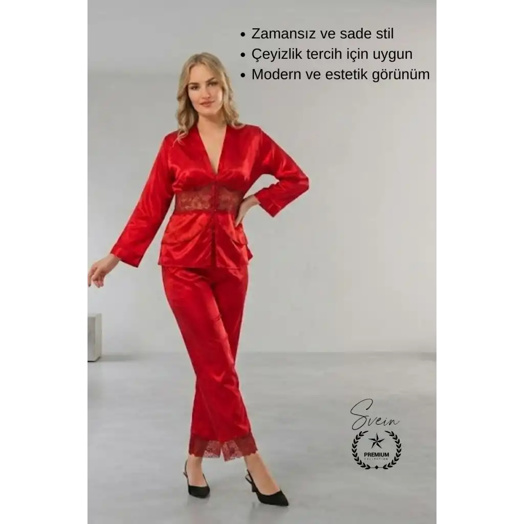 #Pijama Kırmızı Saten Kadın Pijama Takımı Rahat Ev Giyim Günlük ve Çeyizlik Nefes Alabilen Yumuşak