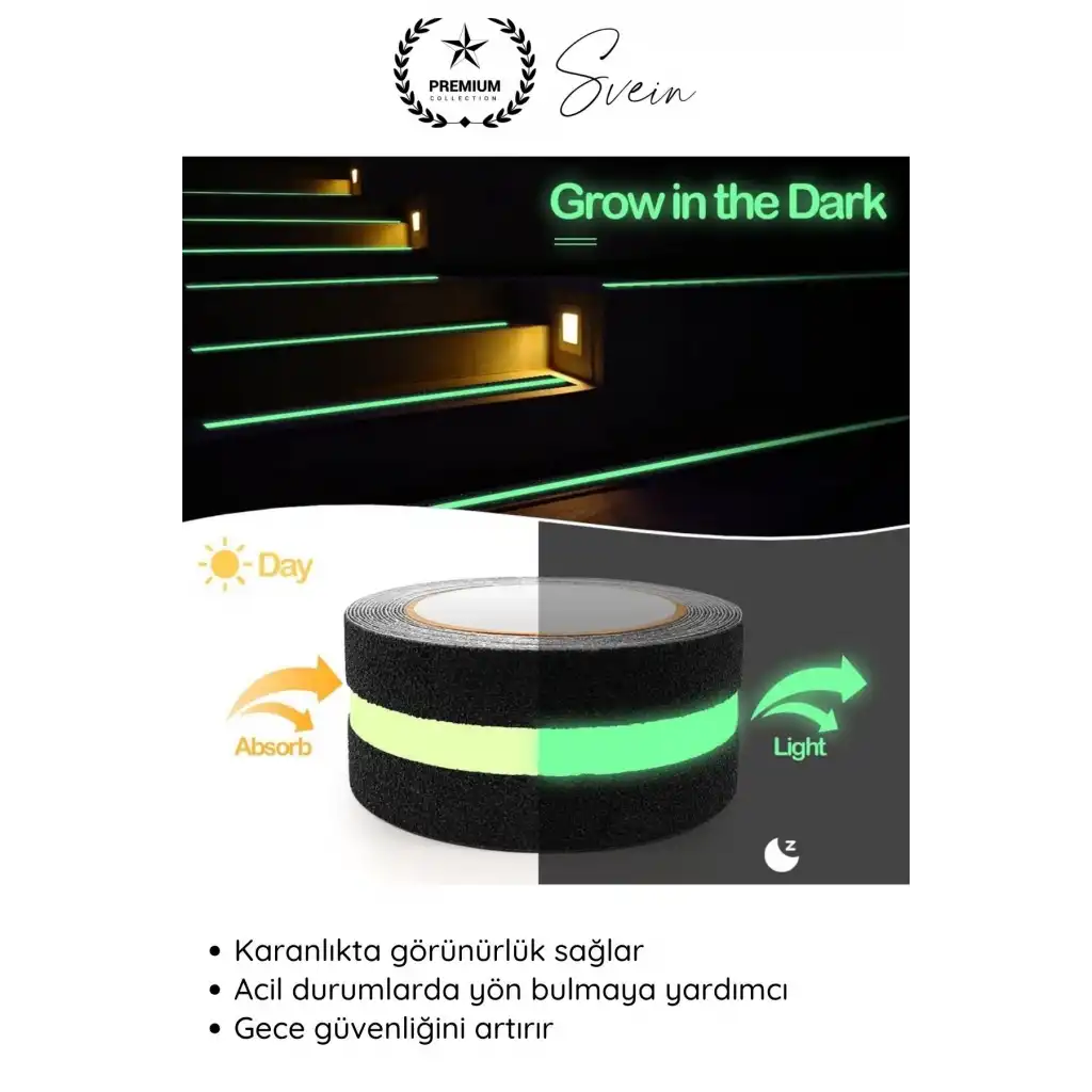 #Bant 1 Adet Fosforlu Kaydırmaz Merdiven Bandı 5 cm x 3 m Fotolümenli Yeşil Zemin Güvenlik Basamak