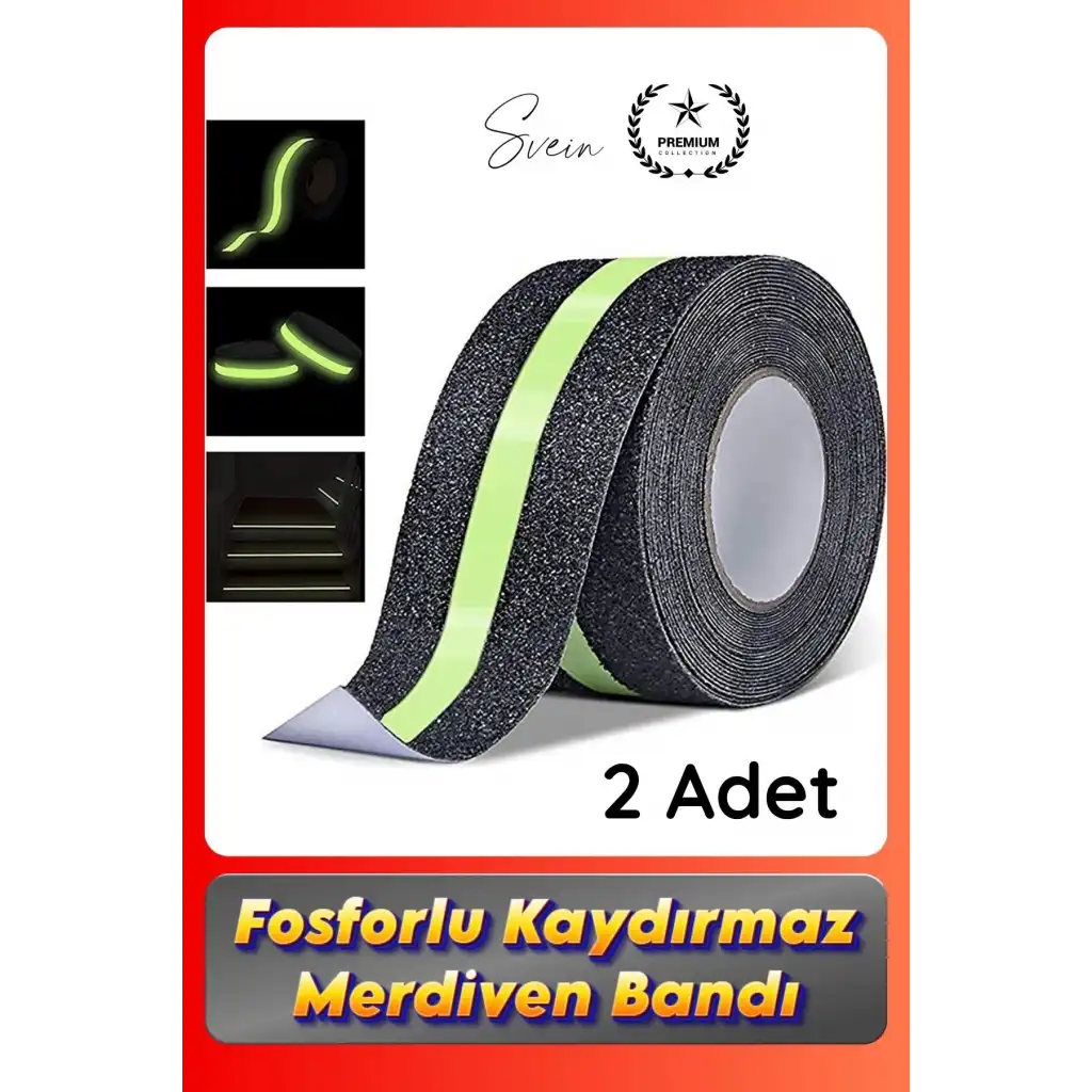 #Bant 2 Adet Fosforlu Kaydırmaz Merdiven Bandı 5 cm x 3 m Fotolümenli Yeşil Zemin Güvenlik Basamak