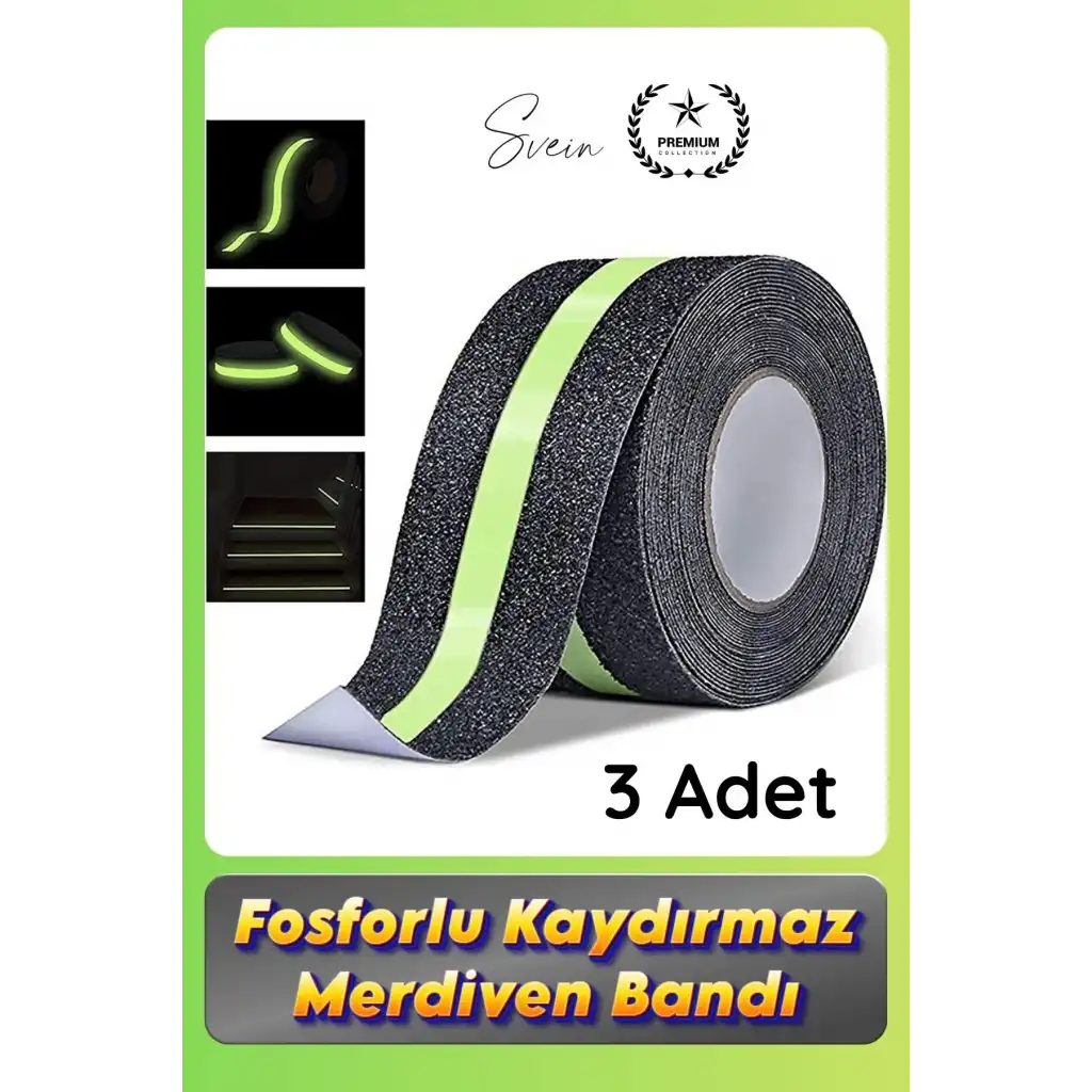 #Bant 3 Adet Fosforlu Kaydırmaz Merdiven Bandı 5 cm x 3 m Fotolümenli Yeşil Zemin Güvenlik Basamak
