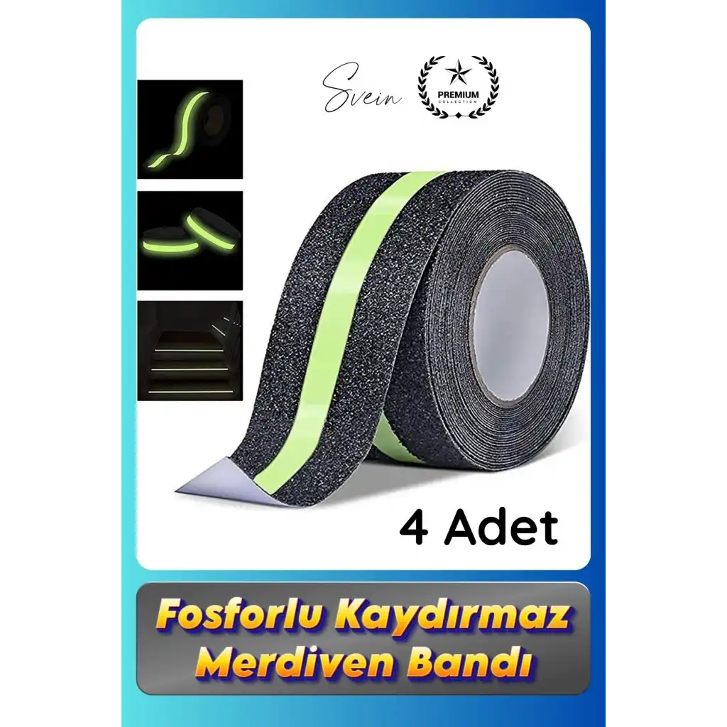 #Bant 4 Adet Fosforlu Kaydırmaz Merdiven Bandı 5 cm x 3 m Fotolümenli Yeşil Zemin Güvenlik Basamak
