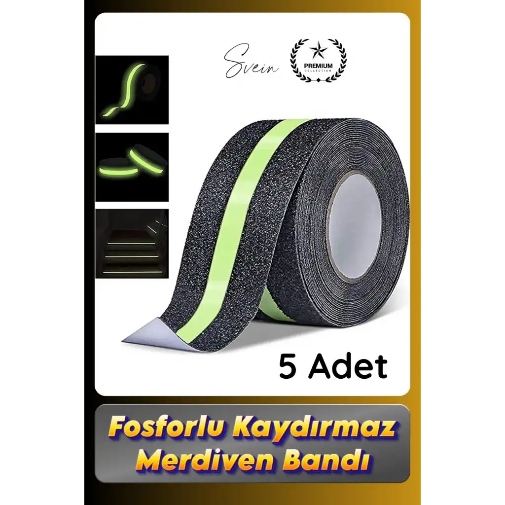 #Bant 5 Adet Fosforlu Kaydırmaz Merdiven Bandı 5 cm x 3 m Fotolümenli Yeşil Zemin Güvenlik Basamak