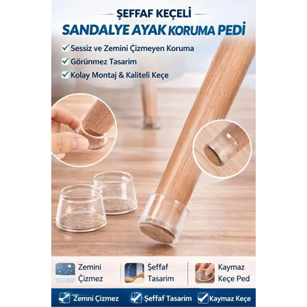 #Sandalye Sessiz Çizilme Sürtünme Önleyici Keçeli Şeffaf Silikon Sandalye Ayak Koruma Pedi 8 Adet