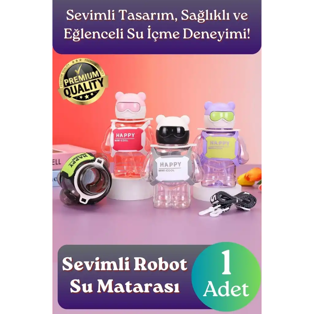 #Matara Kaliteli BPA İçermez Pipetli Askılı Çocuk Okul 3D Desenli Sevimli Robot Şeklinde Su Matarası