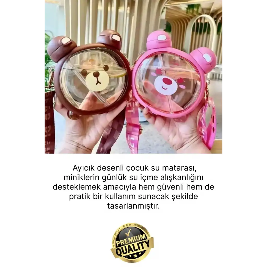 #Matara Kaliteli BPA İçermez Askılı Pipetli Çocuk Okul 3D Desenli Sevimli Ayıcık Model Su Matarası