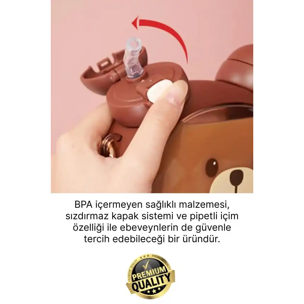 #Matara Kaliteli BPA İçermez Askılı Pipetli Çocuk Okul 3D Desenli Sevimli Ayıcık Model Su Matarası