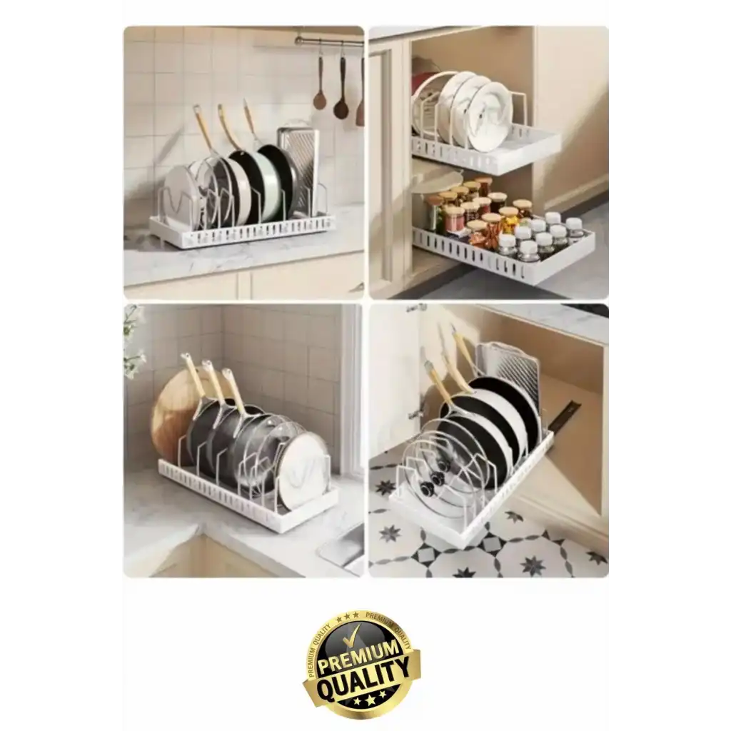 #Organizer Çok Amaçlı Ayarlanabilir Mutfak Metal Beyaz Renk Teleskopik Raylı Tava Tencere Organizeri