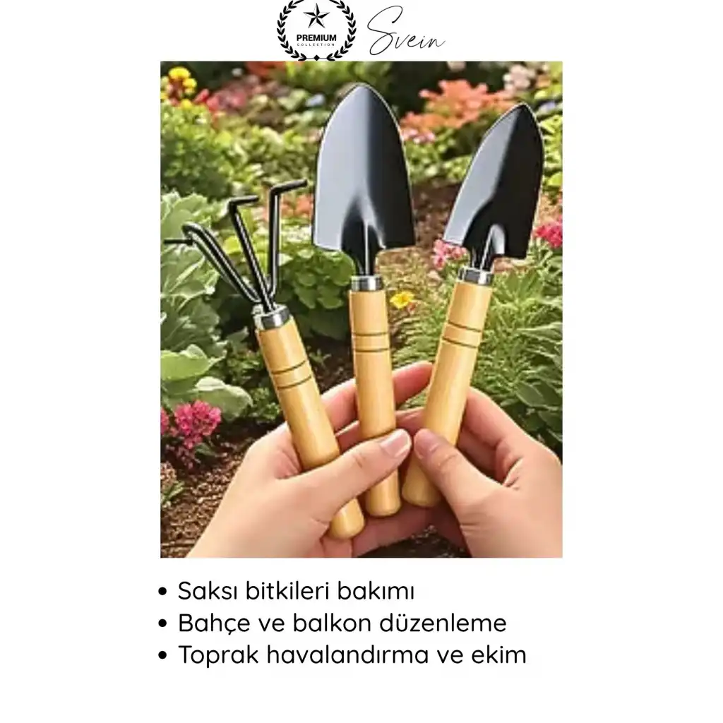 #Tırmık 3’lü Mini Ahşap Bahçe Seti Taşınabilir Tırmık Kürek Hobi Bitki Bakım Aletleri Kazma Kürek Saksı Toprak Eşeleme Kazı Ekme Edevatı Dayanıklı Sağlam Uzun Ömürlü Hafif Kolay Kullanım Düzenleme