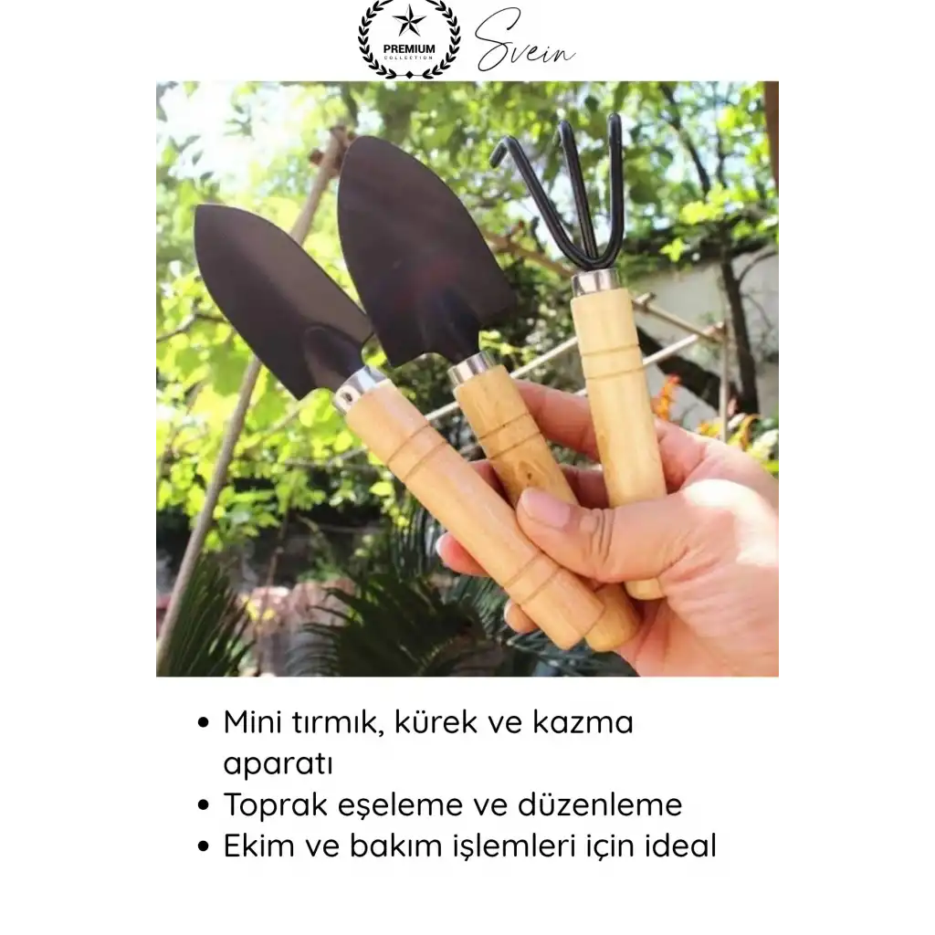 #Tırmık 3’lü Mini Ahşap Bahçe Seti Taşınabilir Tırmık Kürek Hobi Bitki Bakım Aletleri Kazma Kürek Saksı Toprak Eşeleme Kazı Ekme Edevatı Dayanıklı Sağlam Uzun Ömürlü Hafif Kolay Kullanım Düzenleme