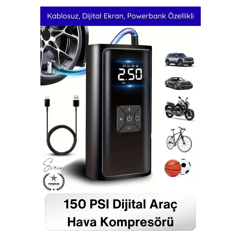 #HavaKompresör Dual Mod 150 PSI Led Powerbank Dijital Ekranlı Şarjlı Taşınabilir Araç Hava Kompresörü Lastik Şişirme Kablosuz Güçlü Basınç Ölçer Otomatik Kapanma Acil Durum Pompası Çok Amaçlı