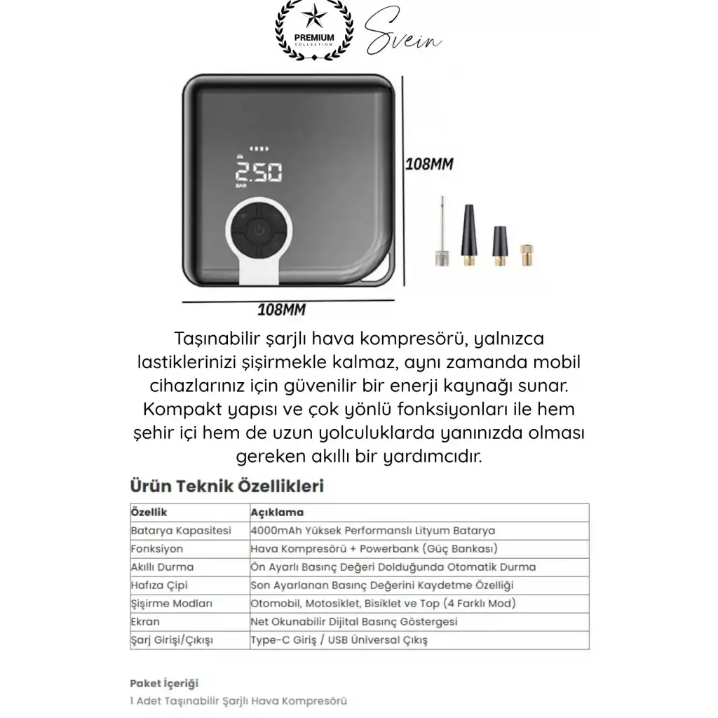 #Kompresör Taşınabilir Şarjlı Powerbank Hava Kompresörü Dijital Ekranlı Kablosuz Lastik Şişirme Otomatik Durma Akıllı Hafıza 4000mAh Basınç Ölçer Araç Motosiklet Bisiklet Top Pompası