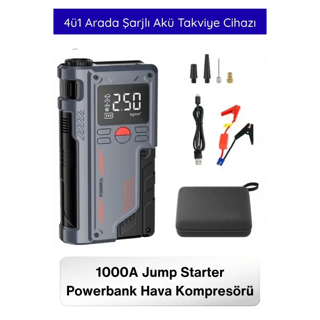#Kompresör 1000A Jump Starter Powerbank Hava Kompresörü 4ü1 Arada Şarjlı Akü Takviye Cihazı 150 PSI Dijital Lastik Şişirme Boost Özellikli Acil Marş Starter LED Fener Powerbank Yol Yardım Seti
