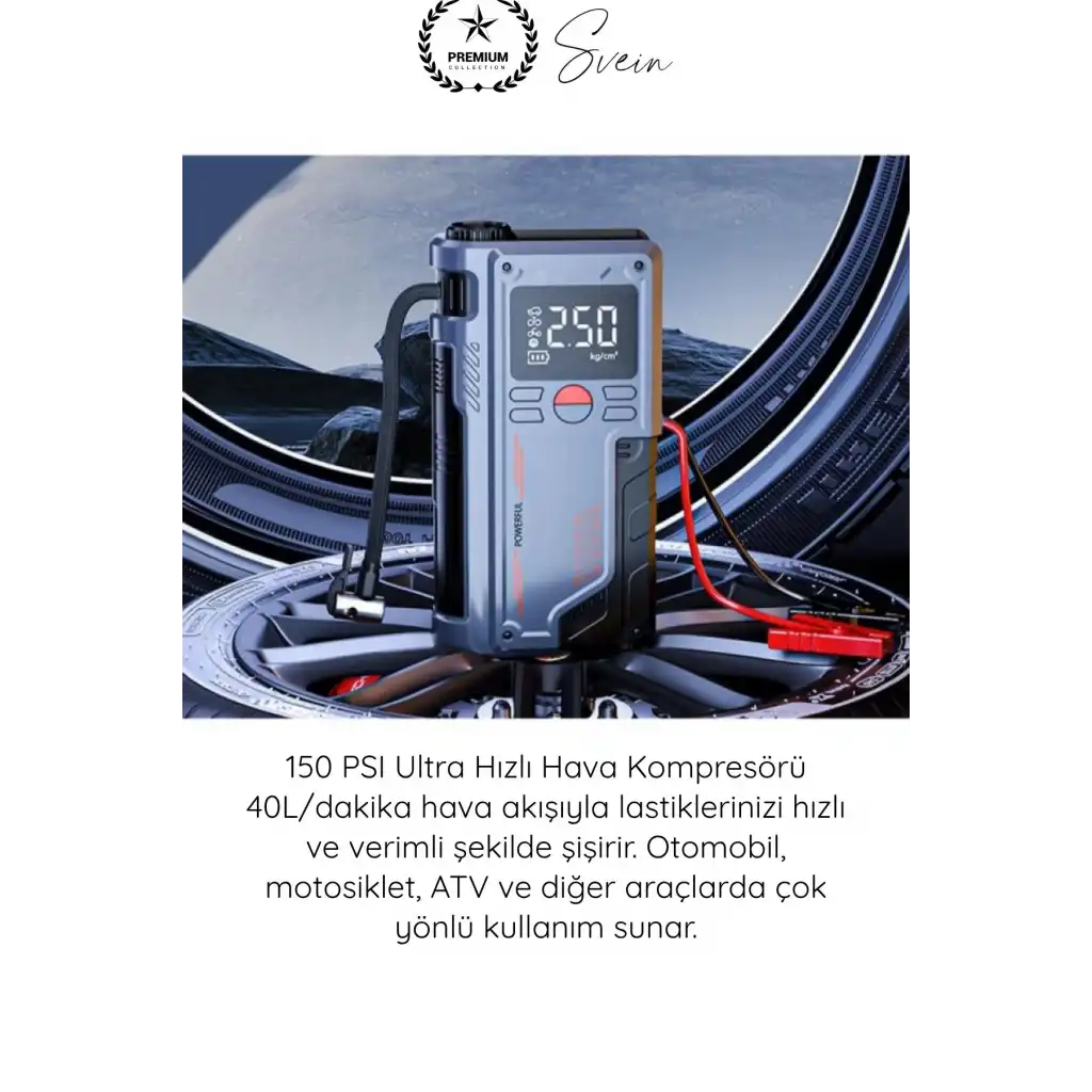 #Kompresör 1000A Jump Starter Powerbank Hava Kompresörü 4ü1 Arada Şarjlı Akü Takviye Cihazı 150 PSI Dijital Lastik Şişirme Boost Özellikli Acil Marş Starter LED Fener Powerbank Yol Yardım Seti