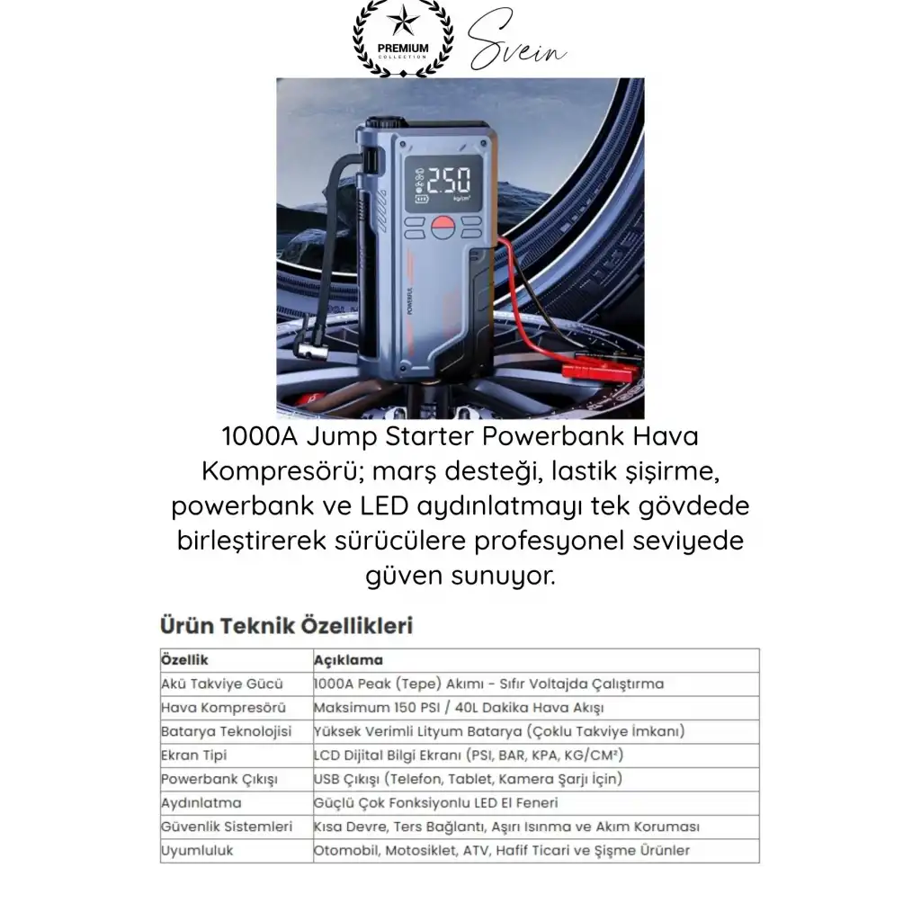 #Kompresör 1000A Jump Starter Powerbank Hava Kompresörü 4ü1 Arada Şarjlı Akü Takviye Cihazı 150 PSI Dijital Lastik Şişirme Boost Özellikli Acil Marş Starter LED Fener Powerbank Yol Yardım Seti