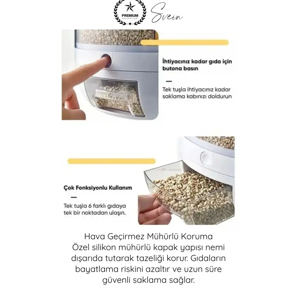 #SaklamaKabı 360 Derece 6 Bölmeli Hava Geçirmez Erzak Organizer Döner Kuru Gıda Bakliyat Saklama Kabı Şeffaf Mutfak Düzenleyici Silikon Mühürlü Tahıl Dispenseri Tek Tuşlu Dağıtıcı Büyük Kapasiteli