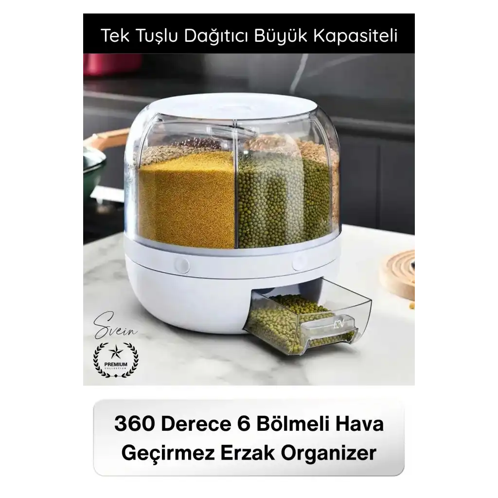 #SaklamaKabı 360 Derece 6 Bölmeli Hava Geçirmez Erzak Organizer Döner Kuru Gıda Bakliyat Saklama Kabı Şeffaf Mutfak Düzenleyici Silikon Mühürlü Tahıl Dispenseri Tek Tuşlu Dağıtıcı Büyük Kapasiteli
