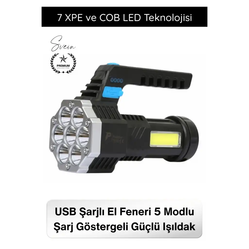 #Fener USB Şarjlı El Feneri 7 XPE COB LED 5 Modlu Şarj Göstergeli Güçlü Işıldak ABS Gövdeli Taşınabilir Kamp Av Balıkçılık Acil Durum Outdoor Aydınlatma Feneri