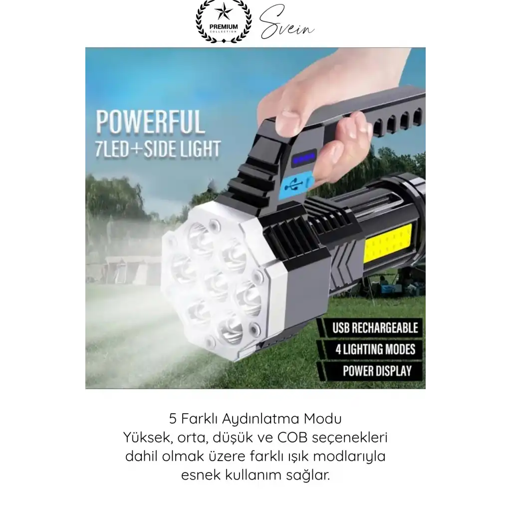 #Fener USB Şarjlı El Feneri 7 XPE COB LED 5 Modlu Şarj Göstergeli Güçlü Işıldak ABS Gövdeli Taşınabilir Kamp Av Balıkçılık Acil Durum Outdoor Aydınlatma Feneri