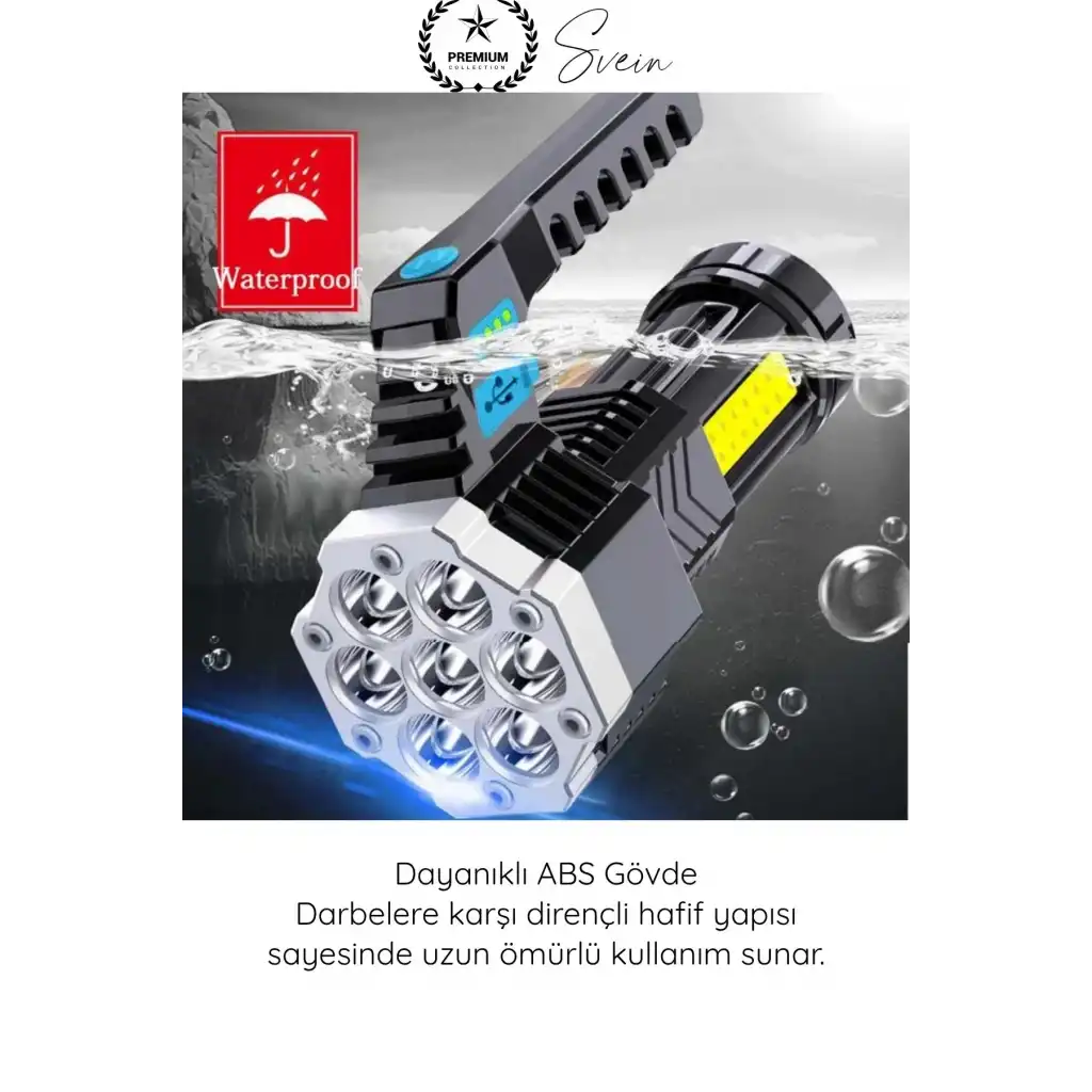 #Fener USB Şarjlı El Feneri 7 XPE COB LED 5 Modlu Şarj Göstergeli Güçlü Işıldak ABS Gövdeli Taşınabilir Kamp Av Balıkçılık Acil Durum Outdoor Aydınlatma Feneri