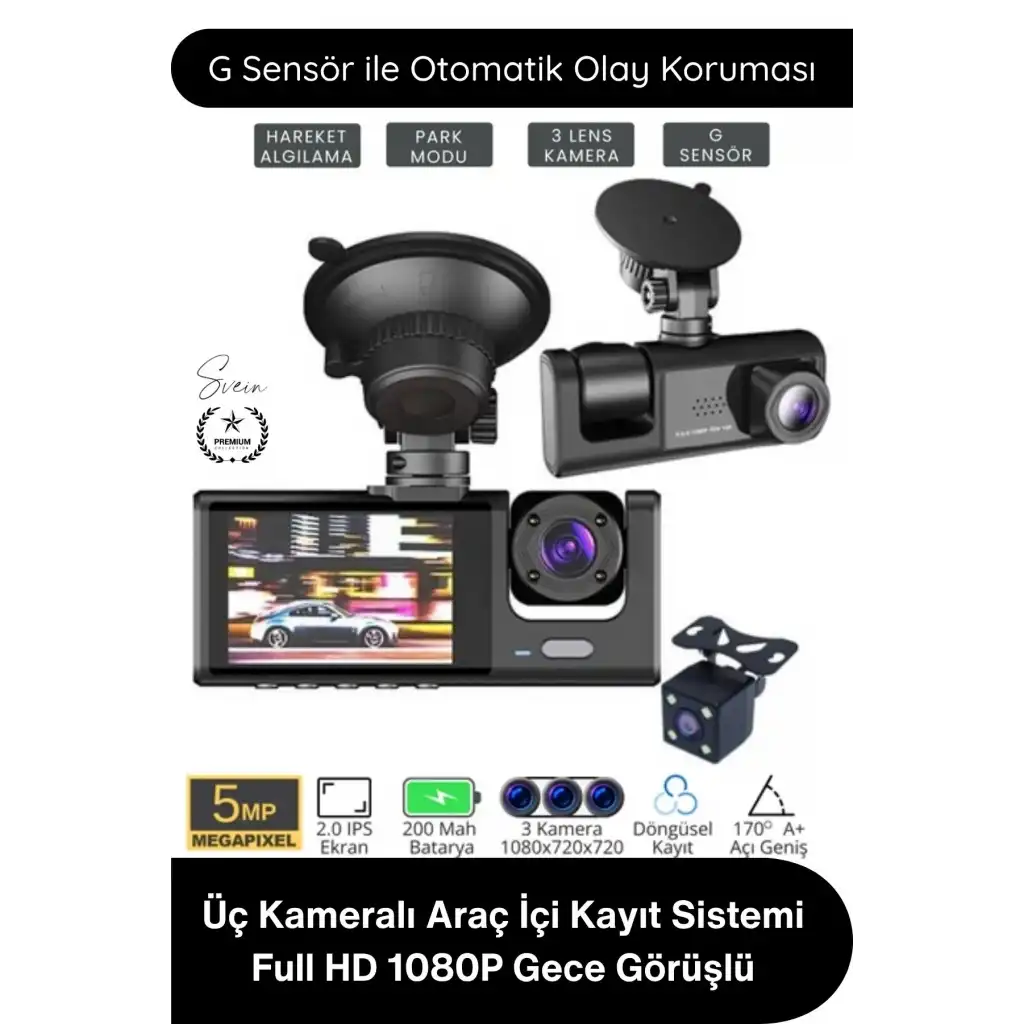 #Kamera Üç Kameralı Araç İçi Kayıt Sistemi Full HD 1080P Gece Görüşlü G Sensörlü Park Modlu Ön Arka İç Kamera IPS Ekran H.264 Döngüsel Kayıt Geri Görüş Destekli Oto Dash Cam Video Kaydedici