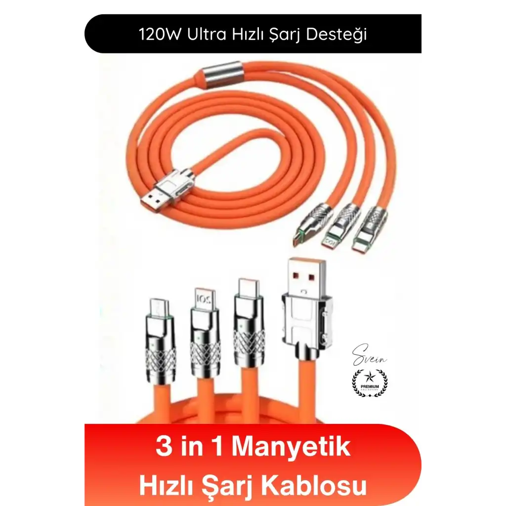 #ŞarjKablosu 3in1 Manyetik Hızlı Şarj Kablosu 120W Type C Lightning Micro USB Çinko Alaşımlı 1.2 Metre Dolaşmaz Data Veri Aktarım Destekli Dayanıklı Telefon Tablet Uyumlu USB Şarj Kablo
