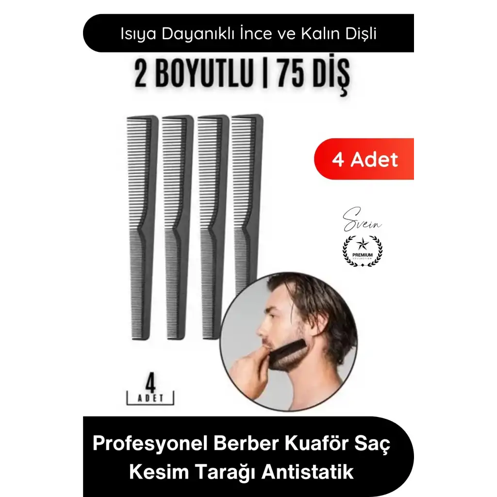 #Tarak Profesyonel Berber Kuaför Saç Kesim Tarağı Siyah Karbon Antistatik Isıya Dayanıklı İnce Kalın Dişli Sakal Bıyık Şekillendirme Boyama Fön Tarama Seti 4 Adet 17 cm Hafif Dayanıklı
