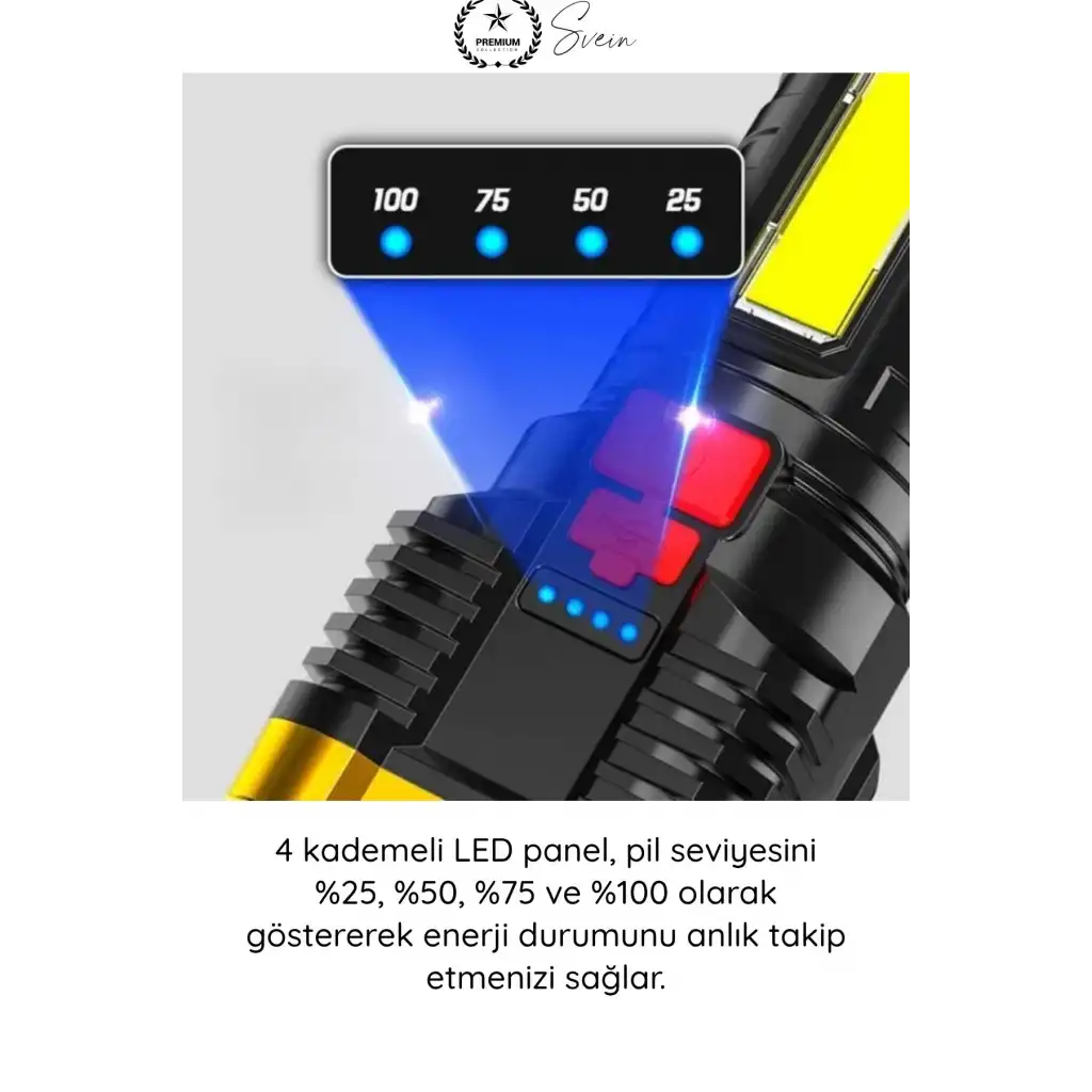 #ElFeneri El Feneri Ultra Parlak COB LED Multi USB Şarjlı 4 Modlu Şarj Göstergeli Kamp Piknik Işıldak Acil Durum SOS Yan Panel Güçlü Aydınlatma Taşınabilir Ergonomik Dayanıklı Projektör