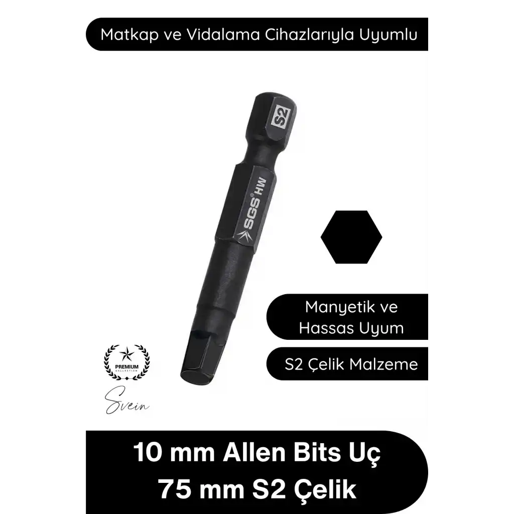 #Allen 10 mm Allen Bits Uç 7,5 cm S2 Çelik Profesyonel Alyan Tornavida Ucu Manyetik Altıgen Vida Sökme Takma Matkap Şarjlı Vidalama Uyumlu Black Pro Series Dayanıklı Hassas Uzun Ömürlü El Aleti Aparatı