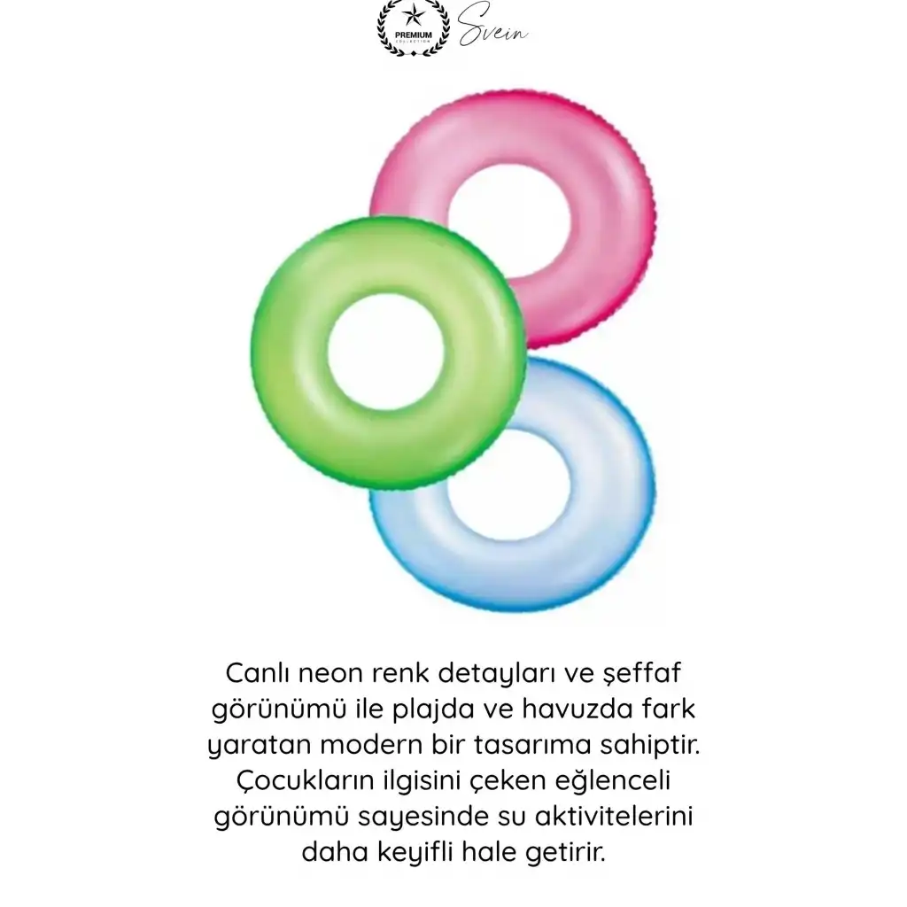 #CanSimidi Neon Şeffaf Desenli Yüzme Simidi Çocuk Havuz Deniz Eğlence Şişme Dayanıklı Güvenli Yaz Tatil Plaj Su Oyuncağı 91 Cm Hafif Taşınabilir Renkli Yüzdürme Aksesuarı Konforlu Kullanım