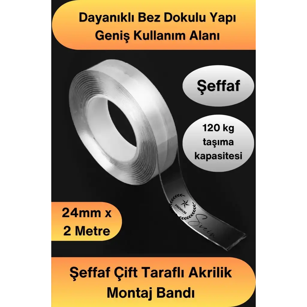 #ÇiftTaraflıBant 120 Kg Taşıma Kapasiteli Şeffaf Çift Taraflı Akrilik Montaj Bandı 24mm x 2 Metre Güçlü Yapışkan İz Bırakmayan Silikonize Sabitleme Bantı Cam Duvar Metal Plastik Ahşap Otomotiv Ayna