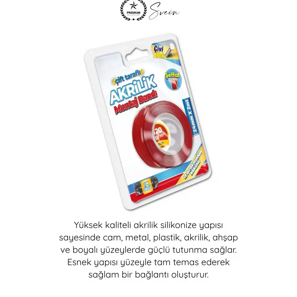 #ÇiftTaraflıBant 120 Kg Taşıma Kapasiteli Şeffaf Çift Taraflı Akrilik Montaj Bandı 24mm x 2 Metre Güçlü Yapışkan İz Bırakmayan Silikonize Sabitleme Bantı Cam Duvar Metal Plastik Ahşap Otomotiv Ayna