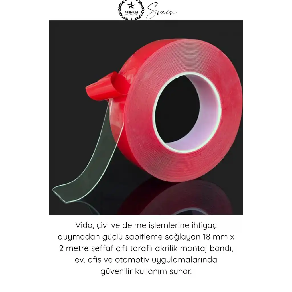 #ÇiftTaraflıBant Şeffaf Çift Taraflı Akrilik Montaj Bandı 18mm x 2 Metre Güçlü Yapışkan İz Bırakmayan Silikonize Nano Sabitleme Bandı Cam Duvar Ayna Otomotiv Çıta Logo Askılık Pano Ev Ofis Kullanımı