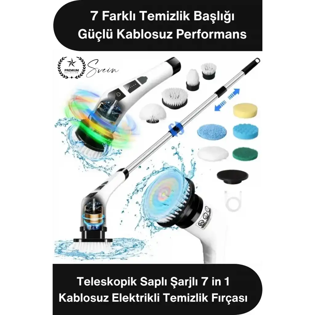 #Fırça Teleskopik Saplı Şarjlı Banyo Mutfak 7 in 1 Kablosuz Elektrikli Temizlik Fırçası Seti USB Şarjlı Döner Temizlik Fırçası Fayans Küvet Lavabo Araç Temizlik Cihazı