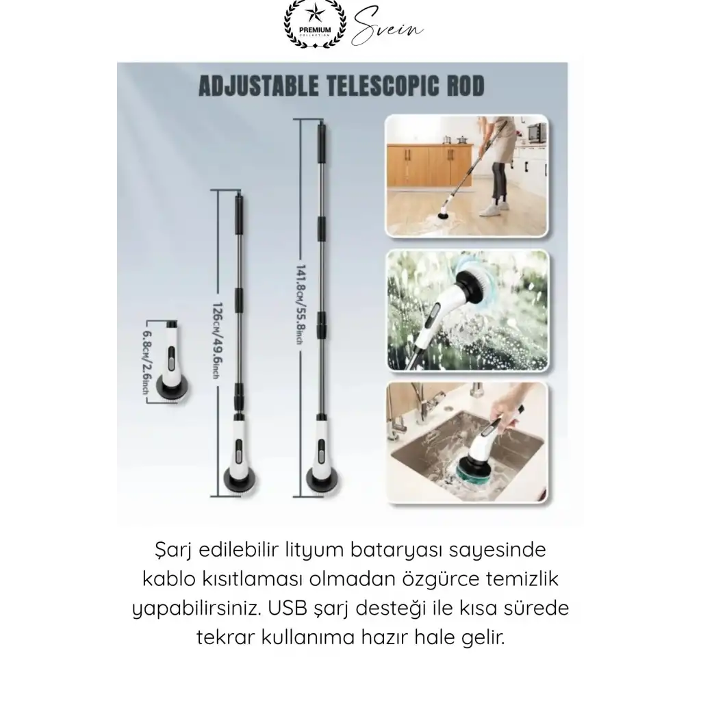#Fırça Teleskopik Saplı Şarjlı Banyo Mutfak 7 in 1 Kablosuz Elektrikli Temizlik Fırçası Seti USB Şarjlı Döner Temizlik Fırçası Fayans Küvet Lavabo Araç Temizlik Cihazı