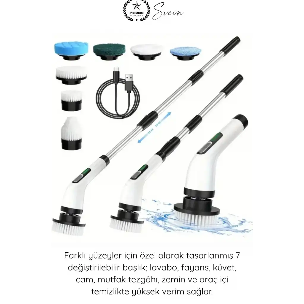 #Fırça Teleskopik Saplı Şarjlı Banyo Mutfak 7 in 1 Kablosuz Elektrikli Temizlik Fırçası Seti USB Şarjlı Döner Temizlik Fırçası Fayans Küvet Lavabo Araç Temizlik Cihazı