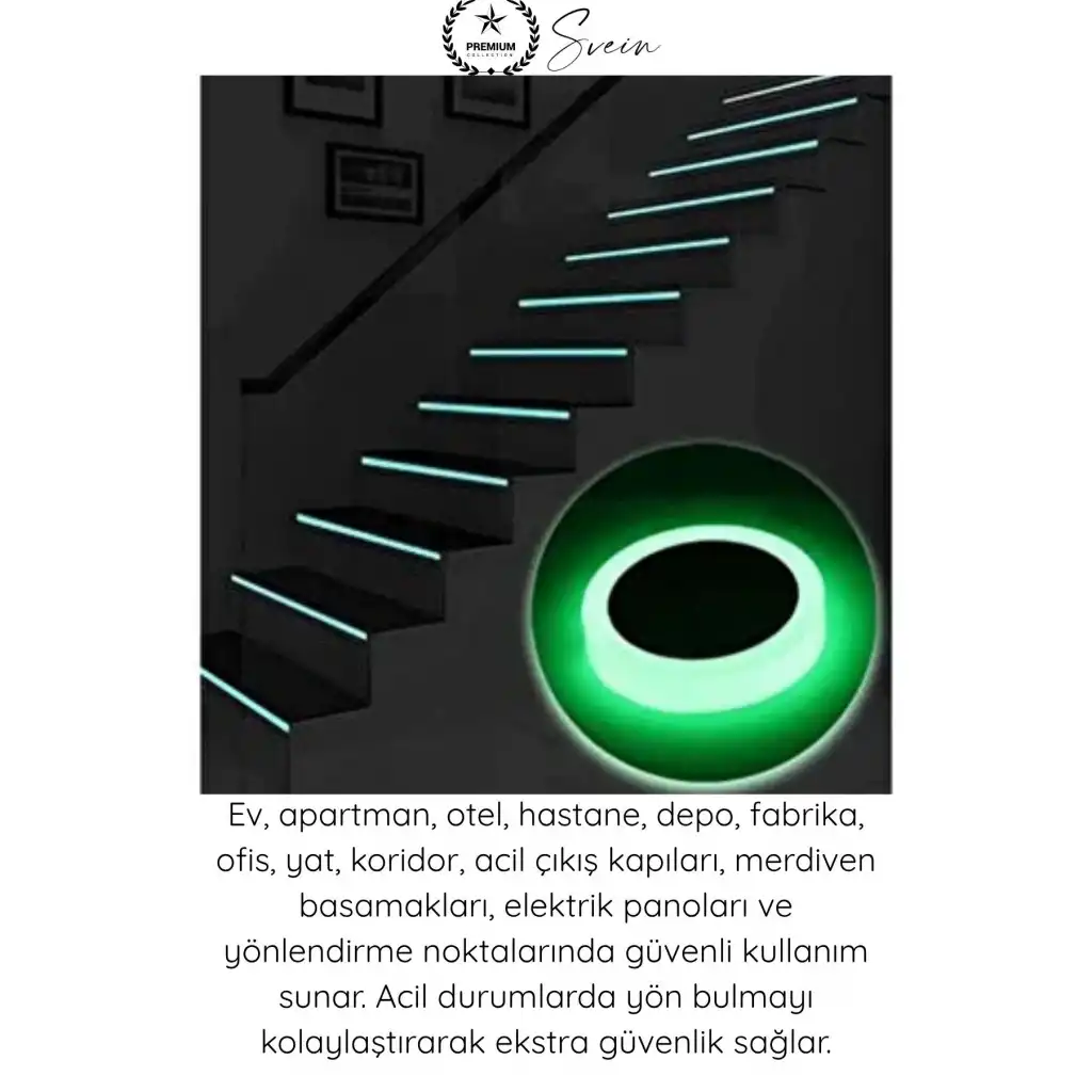 #FosforluBant Gece Parlayan Fosforlu Fotolümen Bant 15mm x 5 Metre Kendinden Yapışkanlı Acil Çıkış Yönlendirme Şeridi Güvenlik Merdiven Basamak Uyarı İşaretleme Işık Depolayan Parlak İz Bantı
