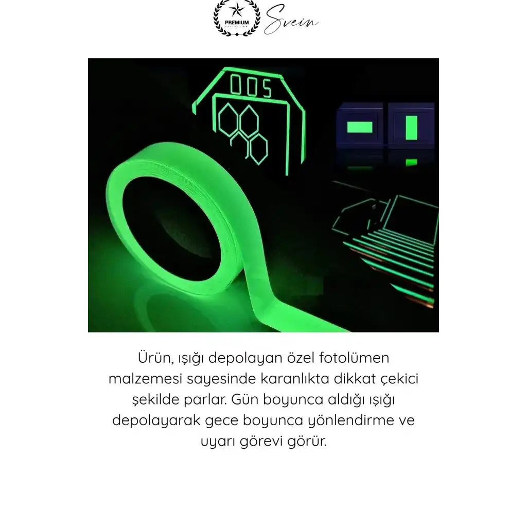 #FosforluBant Gece Parlayan Fosforlu Fotolümen Bant 15mm x 5 Metre Kendinden Yapışkanlı Acil Çıkış Yönlendirme Şeridi Güvenlik Merdiven Basamak Uyarı İşaretleme Işık Depolayan Parlak İz Bantı