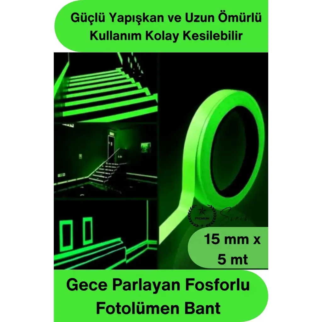 #FosforluBant Gece Parlayan Fosforlu Fotolümen Bant 15mm x 5 Metre Kendinden Yapışkanlı Acil Çıkış Yönlendirme Şeridi Güvenlik Merdiven Basamak Uyarı İşaretleme Işık Depolayan Parlak İz Bantı