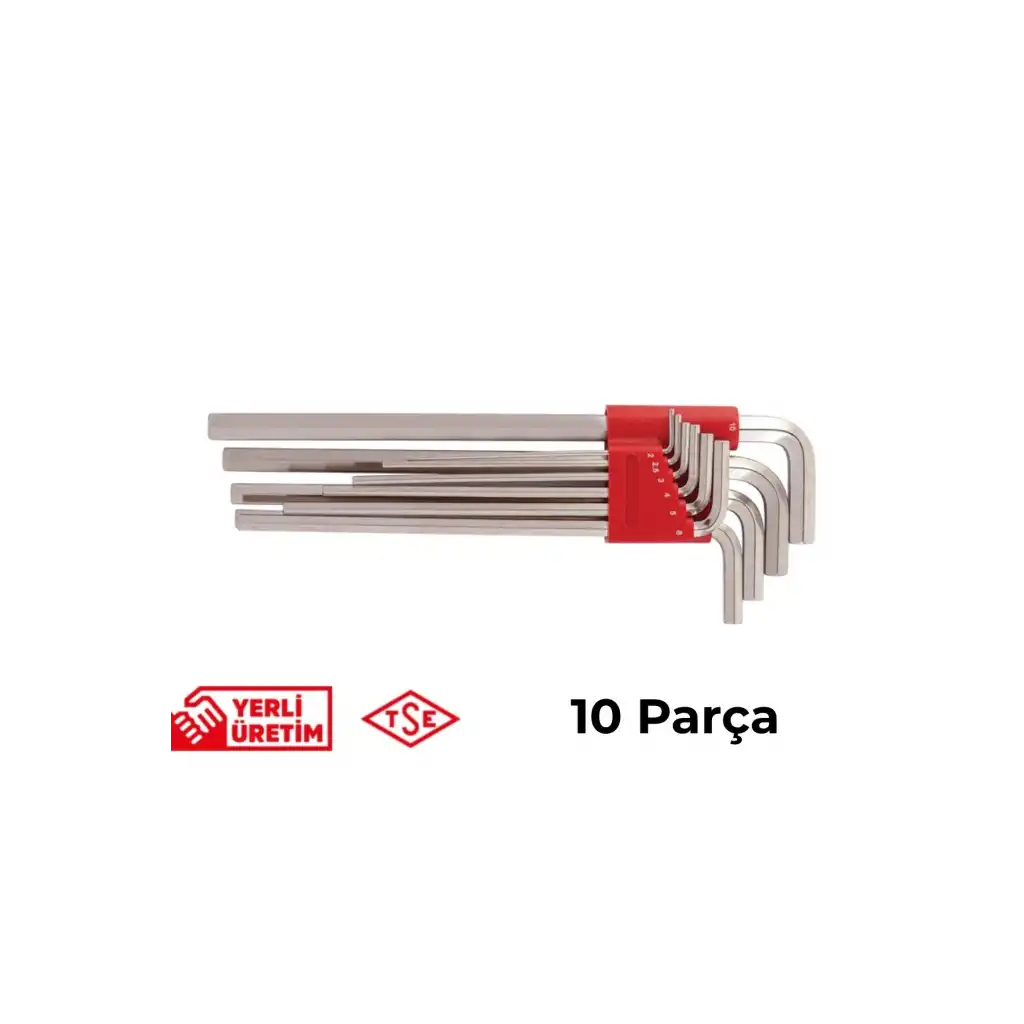 İzeltaş Allen Anahtar Takımı Altı Köşe Uzun Boy 10 Parça Paslanmaz Yamulmaz Sağlam Çelik Uzun Ömürlü Alyan Seti