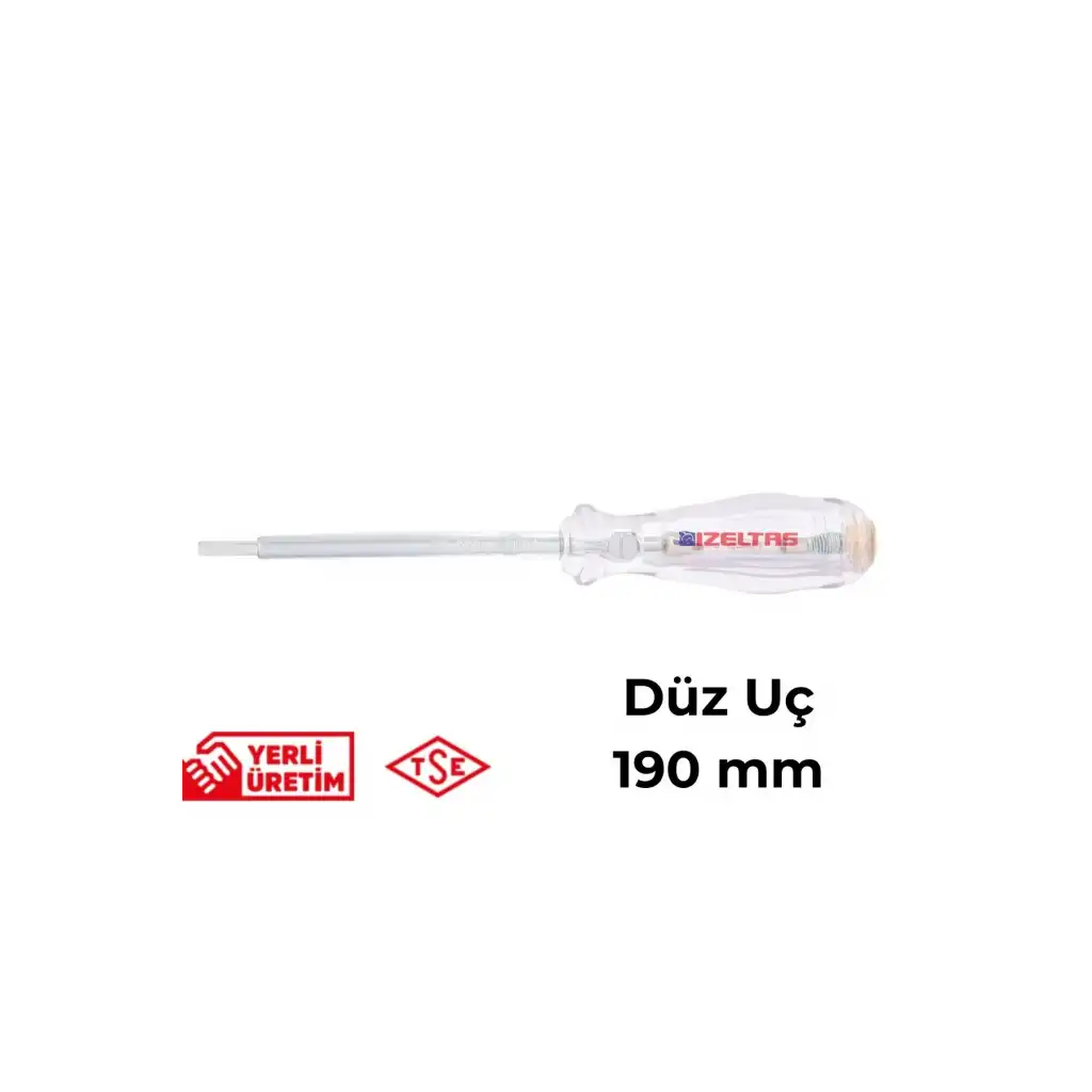 İzeltaş Elektrik Kontrol Kalemi Düz Uçlu 190 mm Elektrikçi Profesyonel Paslanmaz Çelik Güvenli Sağlam Uzun Ömürlü Priz Ölçüm Tornavidası