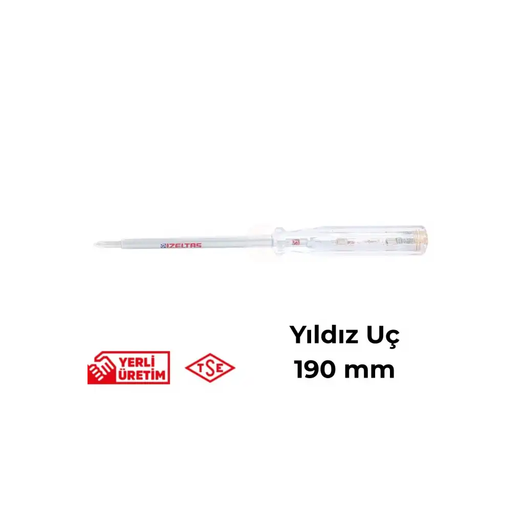 İzeltaş Elektrik Kontrol Kalemi Yıldız Uçlu 190 mm Elektrikçi Profesyonel Paslanmaz Çelik Güvenli Sağlam Uzun Ömürlü Priz Ölçüm Tornavidası