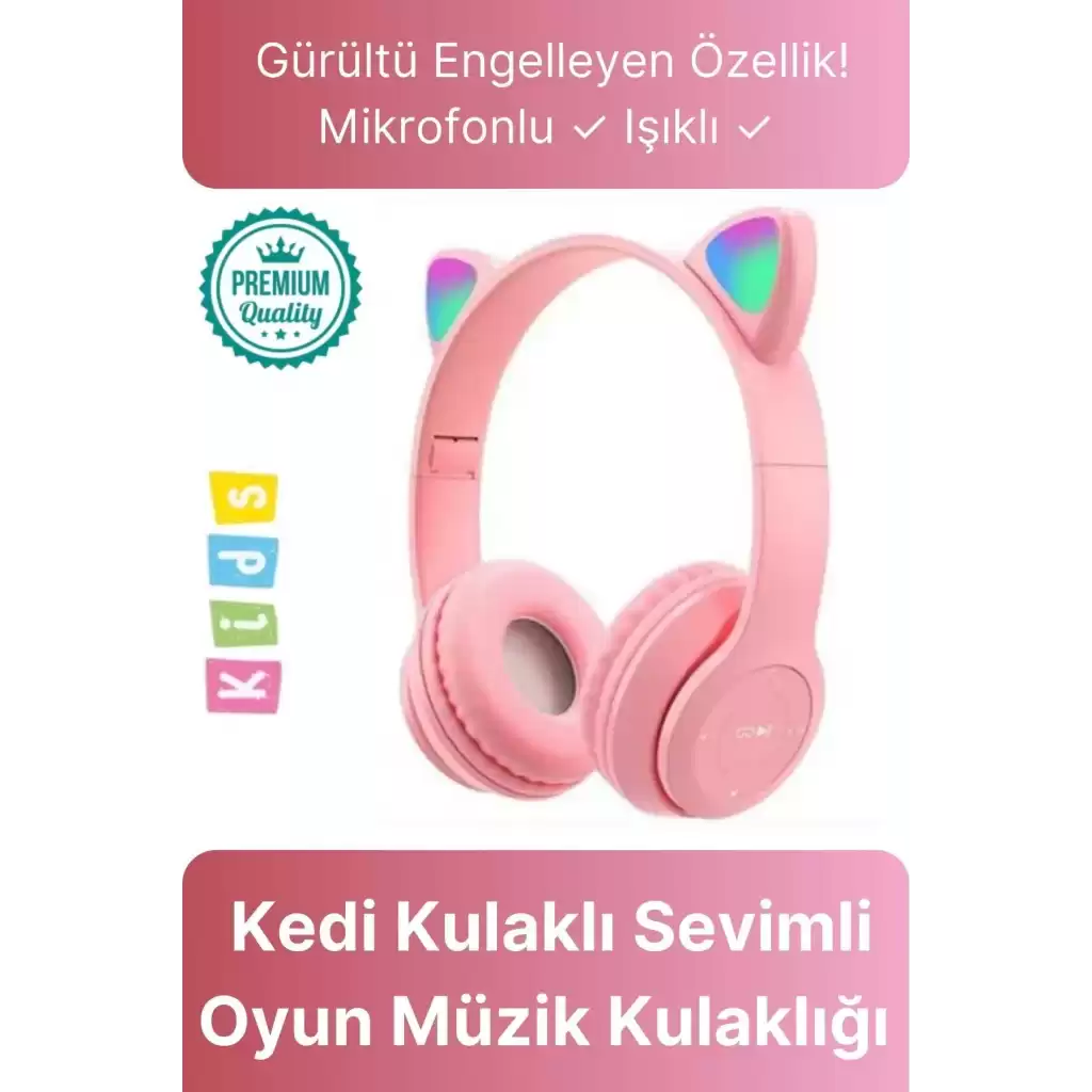 Kablosuz Gürültü Engelleyen Bluetooth Işıklı Mikrofonlu Kedi Kulaklı Sevimli Oyun Müzik Kulaklığı