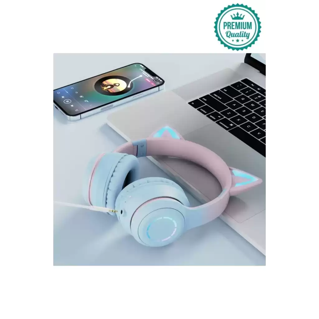Kablosuz Gürültü Engelleyen Bluetooth Işıklı Mikrofonlu Kedi Kulaklı Sevimli Oyun Müzik Kulaklığı