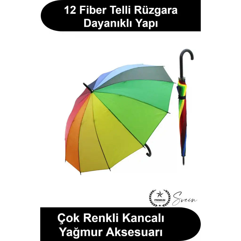 Gökkuşağı Şemsiye 12 Fiber Telli Siyah Baston Saplı Rengarenk Geniş Koruma Alanlı Su İtici Kumaş Rüzgara Dayanıklı Ergonomik Tutuşlu Klasik Model Günlük Şehir Kullanımı İçin Şık Hediyelik