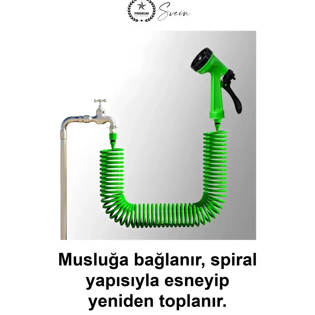 Spiral Bahçe Hortumu 30 Metre Kendiliğinden Toplanan Otomatik Kıvrılmaz Esnek Yaylı Hafif Dayanıklı Su Seti Çok Fonksiyonlu Püskürtme Tabancalı Araç Yıkama Sulama Balkon Teras Zemin Temizliği Yeşil