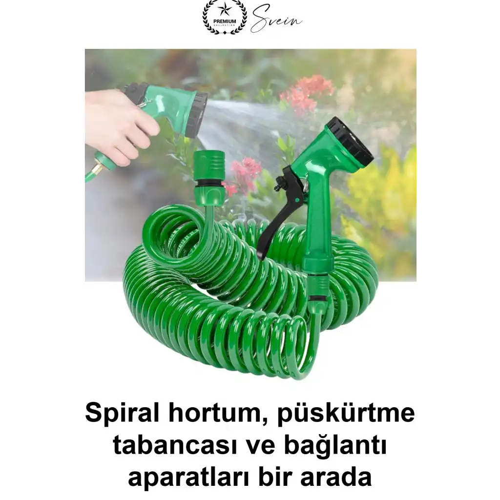 15 Metre Spiral Bahçe Hortumu Otomatik Toparlanan Esnek Hafif Dayanıklı Dolaşmayan Kıvrılmaz Bükülmez Çok Modlu Fonksiyonel Püskürtme Tabancalı Set Araç Yıkama Sulama Teras Zemin Temizlik Dış Mekan