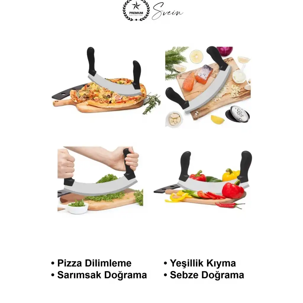 Yarım Ay Satır Kıyma Bıçağı Paslanmaz Çelik 25.5 cm Çift Saplı Sebze Doğrama Yeşillik Maydanoz Soğan Sarımsak Et Kıyıcı Pizza Dilimleme Kesici Mutfak Zırhı Bakalit Sap Bulaşık Makinesinde Yıkanabilir